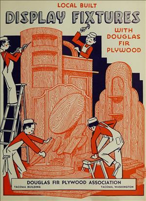 Book cover with cartoon people in red shirts and white overalls using woodworking tools on different wooden shapes and structures. 